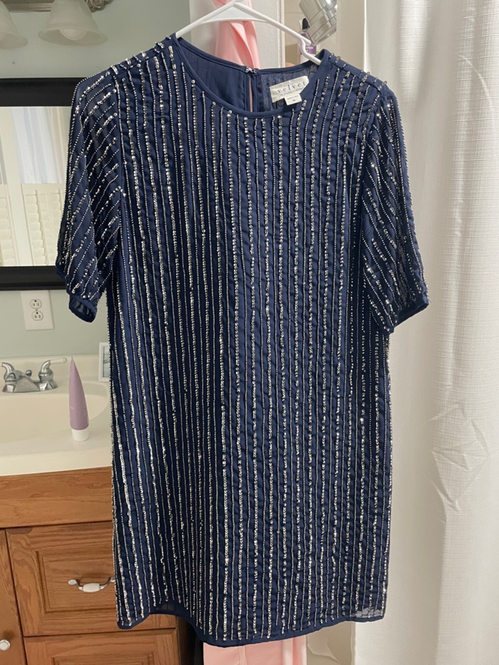 Velvet Navy Beaded Shift Dress with Silver Stripes